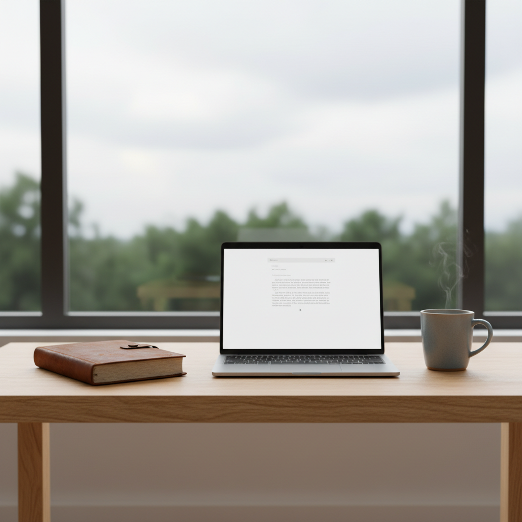 A minimalist wooden desk with a closed, slightly scuffed leather journal resting beside a slim silver laptop displaying a blank document, suggesting a new faith-focused blog entry. A simple ceramic mug of tea sits nearby, faint steam rising. Behind the desk, a large window reveals an overcast sky and distant treetops, giving a muted, contemplative backdrop. Soft, diffused daylight fills the room, creating even, gentle illumination with barely-there shadows. Shot from a slightly elevated angle with clean, photographic realism, the composition uses the rule of thirds to highlight the journal, conveying thoughtful reflection on Christian faith in a modern, professional setting without overt religious symbols.
