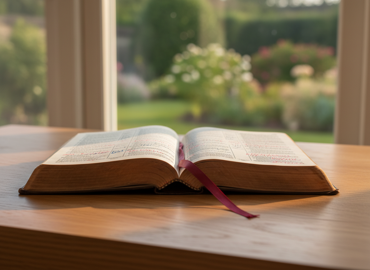 A well-worn leather Bible lying open on a simple oak table, its thin, slightly curled pages showing underlined passages and a ribbon bookmark. The table sits near a large window that overlooks a quiet garden with soft greenery out of focus. Late afternoon natural light pours in, illuminating the text and creating gentle shadows in the page creases, while a subtle beam of light falls diagonally across the spread. Photographic realism at eye level, with a shallow depth of field that blurs the background into soft bokeh, evoking contemplation, personal study, and reflective engagement with God’s word in a calm, professional atmosphere.