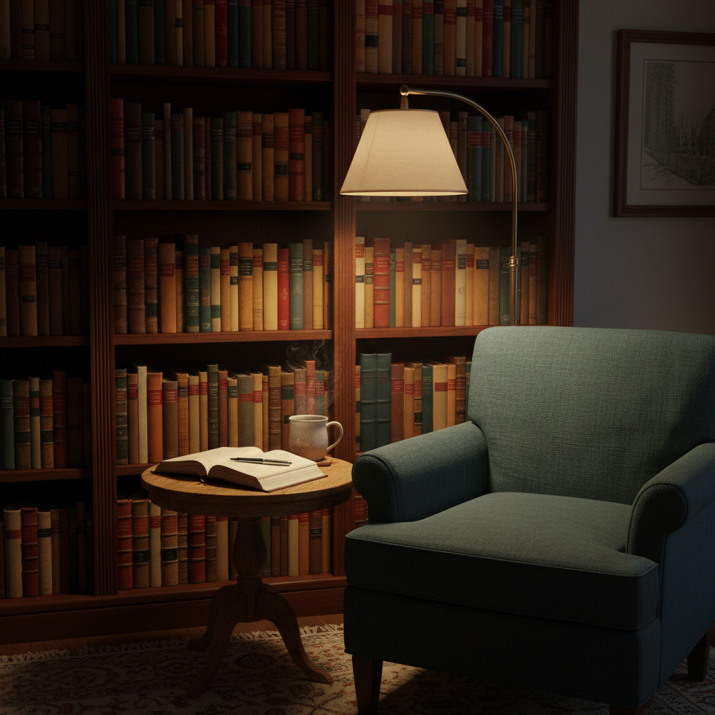 A quiet corner of a home study featuring a sturdy dark-wood bookshelf filled with well-used theological and devotional books, their spines in rich, earthy tones. In front of the shelves, a single, unoccupied upholstered armchair faces a small side table holding an open notebook and pen. A floor lamp with a linen shade casts a warm, focused pool of light over the notebook, while the rest of the room remains in soft shadow. Photographic realism at eye level, with moderate depth of field to keep chair and table in sharp focus. The mood is intimate, reflective, and slightly scholarly, suggesting solitary contemplation about Scripture and life with God.