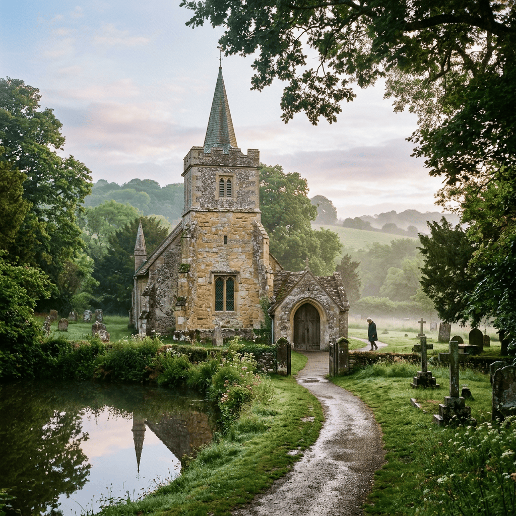 Stone church with steeple beside a pond and rural graveyard